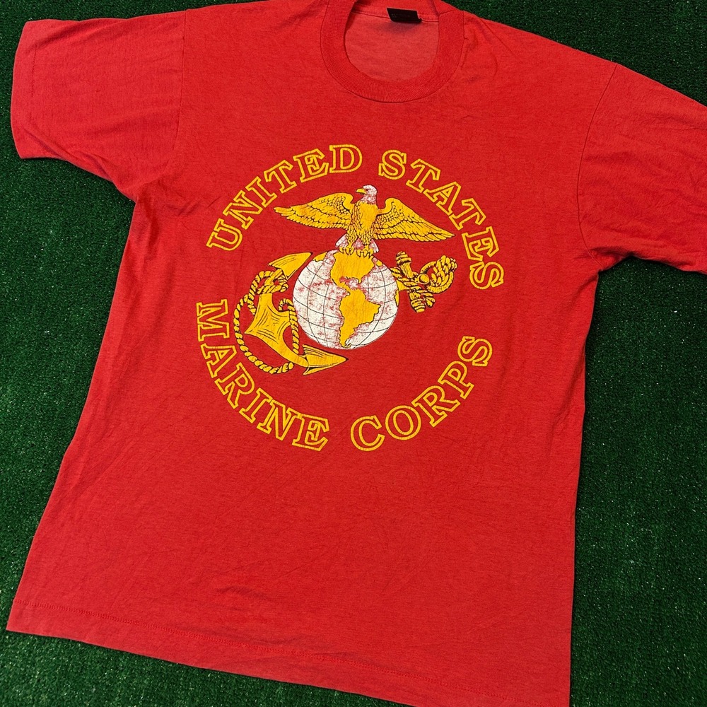 Screen Stars USMC T-Shirt Mens L Red Vintage Single Stitch Intrepid Museum USA